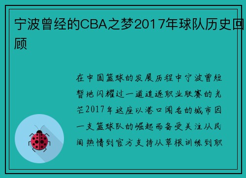 宁波曾经的CBA之梦2017年球队历史回顾