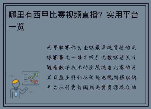 哪里有西甲比赛视频直播？实用平台一览